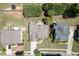A bird's eye view of the house's backyard with mature trees, patio, and a well-maintained lawn at 1563 Country Wood Dr, Hoschton, GA 30548