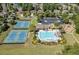 An aerial view of community amenities featuring tennis courts, a swimming pool, and a clubhouse at 1563 Country Wood Dr, Hoschton, GA 30548