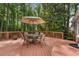 Large back deck with outdoor seating and umbrella, surrounded by lush greenery and mature trees, for peaceful enjoyment at 4105 Peachtree Dunwoody Ne Rd, Atlanta, GA 30342