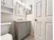 Modern bathroom featuring a gray vanity, mirrored medicine cabinet, and a crisp, clean aesthetic at 520 Cranberry Pl, Roswell, GA 30076