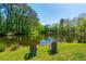Relaxing pond view with chairs on a grassy lawn, surrounded by trees at 7120 Lullwater Rd, Cumming, GA 30040
