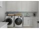 Well-organized laundry room featuring white cabinets, counter space, sink, washer, and dryer at 3888 Peachtree Dunwoody Rd, Atlanta, GA 30342