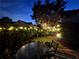 Evening scene of backyard featuring patio furniture, lights in the trees, and manicured hedges at 655 Grove Manor Ct, Suwanee, GA 30024