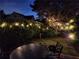 Cozy backyard features string lights, a patio, and a well-manicured lawn at 655 Grove Manor Ct, Suwanee, GA 30024