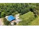 Aerial view of property featuring barn with blue roof, surrounded by lush greenery at 200 Mcclure Dr, Cumming, GA 30028