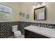 Bathroom features a toilet, sink with black cabinets, framed mirror, and mosaic backsplash up to the window at 200 Mcclure Dr, Cumming, GA 30028
