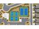 Aerial view of the community's four tennis courts with blue playing surfaces and green surroundings at 427 Bluffs View Ln, Canton, GA 30114
