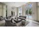 Bright living room with large windows overlooking a pool, featuring modern sofas and decor at 1820 Peachtree St # 311, Atlanta, GA 30309