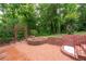 Outdoor patio with brick accents, a raised fire pit, and stairs to the upper level at 2655 Hayden Dr, East Point, GA 30344