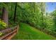 Overgrown back yard features a lush green hillside surrounded by trees and a split rail fence at 3370 Ashton Dr, Suwanee, GA 30024