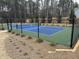 View of a fenced-in outdoor pickleball court with green and blue playing surface at 1101 Cooks Farm Way, Woodstock, GA 30189