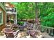 Backyard featuring a fire pit, wood chairs, a deck above, a covered patio, and a wooded view at 1477 Edenham Ln, Cumming, GA 30041