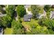 Aerial view of the home and neighborhood, highlighting the private backyard with stream and wooden bridge at 1377 Oak Grove Dr, Decatur, GA 30033