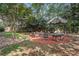 Backyard features a seating area on mulch, surrounded by a wooden fence and mature trees at 2735 Royal Blf, Decatur, GA 30030