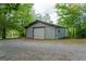 View of an outbuilding with roll up door, situated on a gravel drive and surrounded by trees at 147 Harris Loop, Dallas, GA 30157