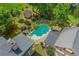 Aerial view of a private backyard with a kidney-shaped pool, lounge area, and lush green landscaping at 18 Starlight Dr, Cartersville, GA 30121