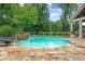 Inviting backyard pool featuring a waterfall, stone surround, and lush landscaping at 18 Starlight Dr, Cartersville, GA 30121