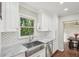 Kitchen sink and marble counters with white cabinets and stainless steel appliances at 2156 Doris Dr, Decatur, GA 30034