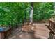 Wooden deck offers a scenic view of the pool, lush trees and tranquil backyard at 1665 Chevron Way, Sandy Springs, GA 30350