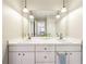 Bathroom featuring a double sink vanity with white cabinets, clean countertops, and modern lighting at 3501 Emperor Way, Tucker, GA 30084