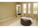 Sitting room featuring natural light from bright windows and a soft, plush rug and leather ottoman at 118 Jasmine Way, Carrollton, GA 30180