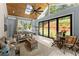 Inviting sunroom with wood ceiling, skylights and folding glass doors leading to backyard at 5875 Windjammer Pt, Cumming, GA 30041