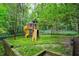 Backyard with custom wood playground with slides and swings perfect for to enjoy at 220 N Springs Ct, Sandy Springs, GA 30328