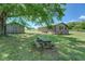 Spacious backyard with a rustic picnic table, lush lawn, and a detached building, perfect for outdoor enjoyment at 14721 Highway 36, Covington, GA 30014