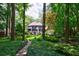 Picturesque backyard featuring lush greenery, a stone pathway, and a charming home in the distance at 3117 W Roxboro Ne Rd, Atlanta, GA 30324