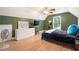 Bedroom with green walls, vaulted ceiling, hardwood floors, and a ceiling fan at 1640 Settindown Dr, Roswell, GA 30075