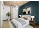 Bedroom features teal accent wall with queen bed, gray bedding, and abstract modern art at 660 Glen Iris Dr # 206 & 109, Atlanta, GA 30308