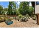 Enclosed backyard with raised garden beds and gravel, perfect for gardening enthusiasts at 5600 Surrey Ct, Alpharetta, GA 30009