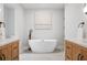 Bathroom featuring modern fixtures, bathtub and vanity with a unique cabinet design at 50 Stonington Pl, Marietta, GA 30068