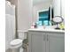 Neutral bathroom featuring a white vanity with a single sink and toilet at 719 Elizabeth Trl, Woodstock, GA 30189