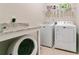 Practical laundry area includes modern washer and dryer, countertop, and storage shelf at 719 Elizabeth Trl, Woodstock, GA 30189