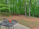 Landscaped backyard with a patio and mature trees providing privacy at 445 Royal St, Mcdonough, GA 30253