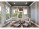 Cozy sitting room with two armchairs, ottomans, multiple windows and custom wallpaper at 830 Stone Ridge Ln, Atlanta, GA 30324