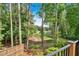 Private backyard with golf course views, bordered by mature trees and lush landscaping at 4012 Ironhill Ln, Woodstock, GA 30189