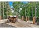 Outdoor deck with dining table and scenic views of wooded backyard and golf course at 4012 Ironhill Ln, Woodstock, GA 30189