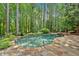 Inviting kidney-shaped pool with stone patio and lush landscaping in a private backyard oasis at 4012 Ironhill Ln, Woodstock, GA 30189