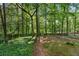 Tranquil backyard with a blend of manicured grass, a small fenced-in area, mature trees, and lush foliage at 2350 Shore View Nw Way, Suwanee, GA 30024