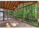 Relax on this screened porch featuring a wood ceiling, beams, and walls of windows overlooking a serene wooded area at 2350 Shore View Nw Way, Suwanee, GA 30024