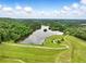 Beautiful aerial view of a green landscape with a calm lake on a sunny day with a few puffy clouds in the sky at 1430 Mineral Springs Rd, Hoschton, GA 30548
