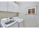 Bright laundry room with modern washer and dryer, white cabinets, and decorative mirror at 4460 Delano Dr, Cumming, GA 30040