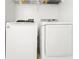 Bright laundry room features a modern washer and dryer, with overhead shelving for storage at 6900 Roswell Rd # 3N, Atlanta, GA 30328