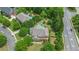 An aerial view of a property featuring a pool, well-kept lawn, mature trees, and a manicured landscape at 100 Braxton Way, Roswell, GA 30075