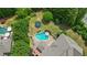 Aerial view of a private backyard oasis with a sparkling pool, spa, and lush landscaping at 100 Braxton Way, Roswell, GA 30075