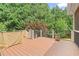 Well-maintained deck area with beautiful wood flooring, overlooking lush green trees and backyard scenery at 100 Braxton Way, Roswell, GA 30075