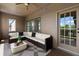 Inviting outdoor covered patio with a plush sectional sofa, modern coffee table, and access to the yard at 6763 Encore Blvd, Atlanta, GA 30328