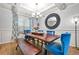 Elegant dining room featuring a modern chandelier, blue chairs, and an ornate wall mirror at 1326 Castleberry Dr, Buford, GA 30518
